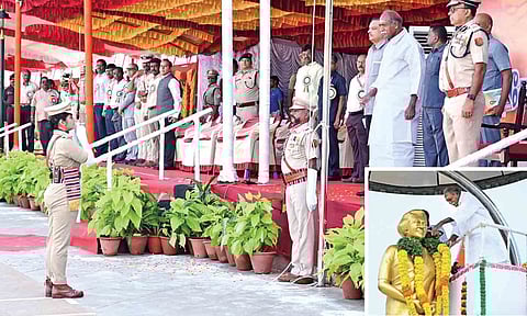 Puducherry CM N Rangasamy. and other officials at the Liberation Day event in Gandhi Thidal
