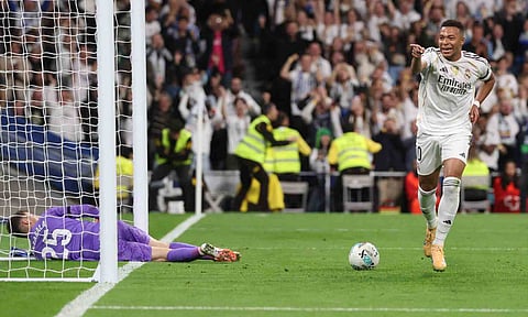 Kylian Mbappe celebrates after scoring his second goal&nbsp;