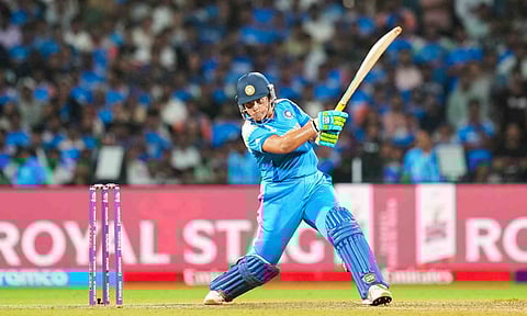 India's Richa Ghosh plays a shot during the ICC Women's World Cup final ODI cricket match between India Women and South Africa Women, at the DY Patil Stadium, in Navi Mumbai, Sunday, Nov. 2, 2025 (PTI)&nbsp;