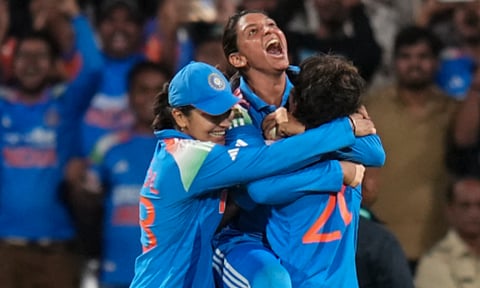 Harmanpreet Kaur, Harleen Deol and Arundhati Reddy celebrate after winning the ICC Women's World Cup final ODI cricket match between India Women and South Africa Women, at the DY Patil Stadium (PTI)