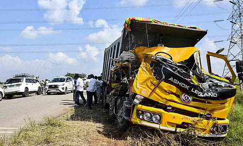 A tipper lorry carrying gravel collided head-on with a public transport bus, in Ranga Reddy district, Telangana, Monday, Nov. 3, 2025 (PTI)&nbsp;