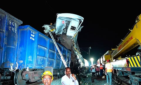 Rescue operations underway at Lal Khadan Torva Fatak after a MEMU local train collided with a stationary goods train between Gatora and Bilaspur stations, Bilaspur, Chhattisgarh (PTI)