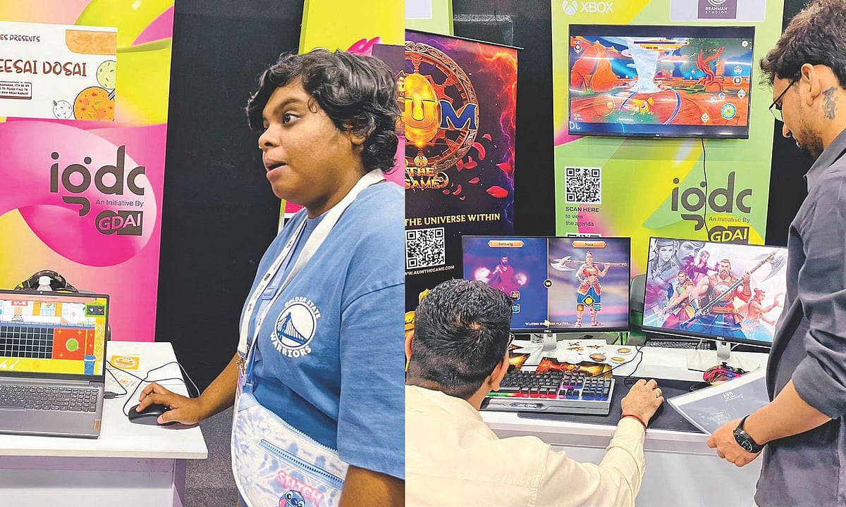 Two-panel archival 2025 IGDC photo showing a Meesai Dosai developer demonstrating her game and an AUM booth.