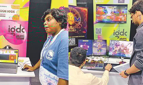 S Praya, co-developer of Meesai Dosai, explaining the game; a gamer playing AUM at IGDC 2025