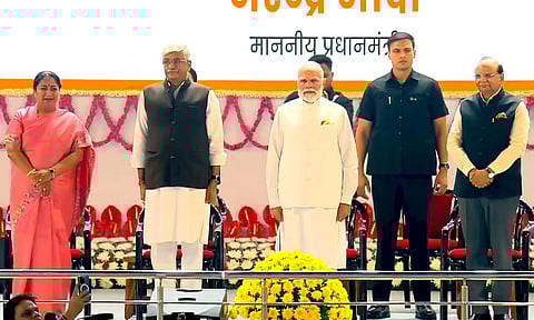 In this screengrab from a video posted on Nov. 17, 2025, Prime Minister Narendra Modi, Delhi Lt. Governor VK Saxena, Chief Minister Rekha Gupta and Union Minister of Culture and Tourism Gajendra Singh Shekhawat during an event marking 150 years of the national song Vande Mataram (PTI)