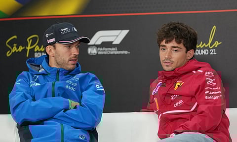 Alpine driver Pierre Gasly, of France, left, talks with Ferrari driver Charles Leclerc, of Monaco, during a press conference ahead of the Brazilian Formula One Grand Prix at the Interlagos race track in Sao Paulo. (Photo: AP)