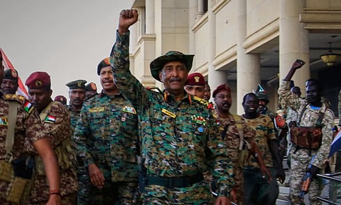 Sudan's military chief Gen. Abdel-Fattah Burhan, center, is Khartoum, Sudan (AP)