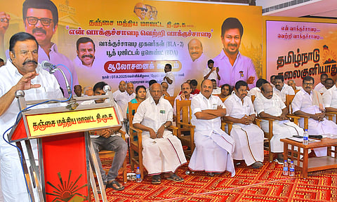Municipal Administration Minister and DMK principal secretary KN Nehru speaking among the party's booth agents in Thanjavur on Friday