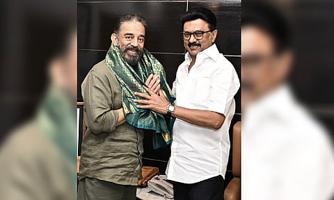 Chief Minister MK Stalin with Makkal Needhi Maiam president and Rajya Sabha member Kamal Haasan