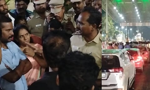 Police personnel and protesters supporting the BJP functionary negotiating at the Paranur Toll Plaza in Chengalpattu on Monday