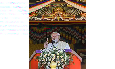 Prime Minister Narendra Modi speaks during an event to mark the 70th birthday celebrations of the fourth king of Bhutan Jigme Singye Wangchuck, in Thimphu, Bhutan. (PTI)
