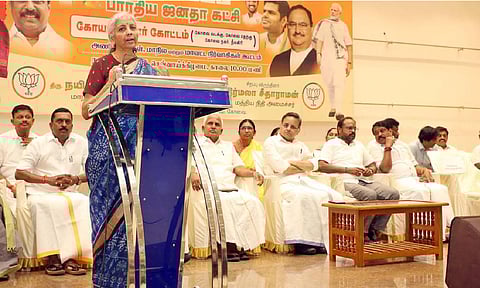 Union Finance Minister Nirmala Sitharaman addressing the BJP's functionaries in Coimbatore on Tuesday
