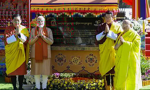 Prime Minister Narendra Modi with Bhutan King Jigme Khesar Namgyel Wangchuck and former king Jigme Singye Wangchuck during the inauguration of the 'Kalachakra empowerment' ceremony as part of the ongoing Global Peace Prayer Festival, in Bhutan (PTI)