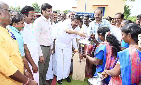 Municipal Administration Minister KN Nehru inaugurating a drinking water scheme at Pullambadi in Tiruchy on Thursday