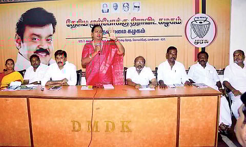 DMDK general secretary Premalatha Vijayakant addressing district secretaries at party headquarters in Chennai on Thursday