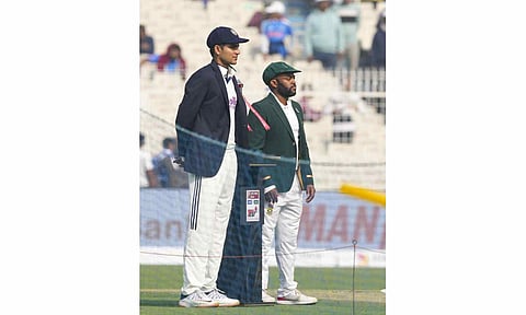India's captain Shubman Gill and South Africa�s captain Temba Bavuma pose with the series trophy before the start of the first Test cricket match between India and South Africa, at the Eden Gardens, in Kolkata, Friday, Nov. 14, 2025 (PTI)&nbsp;