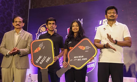 Dy CM Udhayanidhi Stalin, pickleball players Aman Patel, Mihika Yadav and Atulya Misra, ADS, Youth Welfare and Sports Development at the event 
