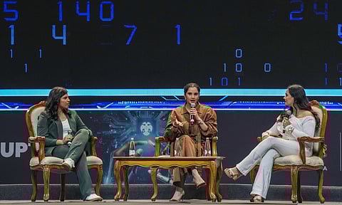 Former Tennis player Sania Mirza, Cricketer Richa Ghosh with journalist Mayanti Langer during the 'Future Makers Conclave' as part of the Bengaluru Tech Summit 2025 at Bangalore International Exhibition Centre. (Photo: PTI)