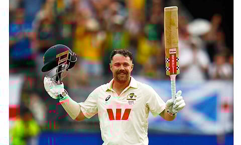 Australia's Travis Head celebrates his century on day two of the first Ashes cricket test match between Australia and England in Perth, Saturday, Nov. 22, 2025 (PTI)&nbsp;