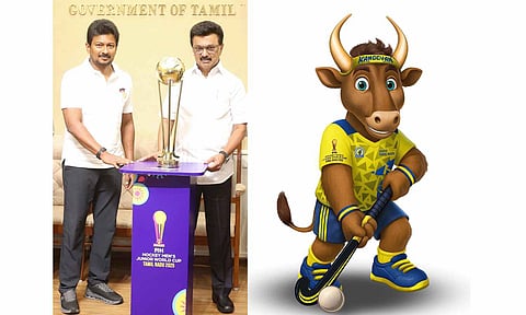 CM MK Stalin and DyCM Udhayanidhi Stalin pose with the FIH Junior Hockey World Cup trophy; The official mascot of the tournament Kangeyan&nbsp;