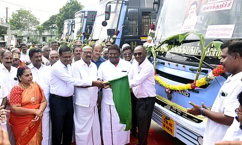Transport Minister SS Sivasankar flagging off the BS-VI fleet in Ariyalur on Saturday