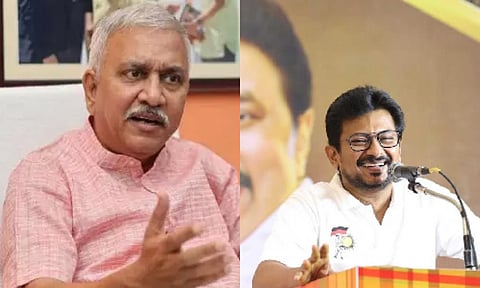 (L-R) BJP state chief spokesperson Narayanan Thirupathy, Deputy Chief Minister Udhayanidhi Stalin