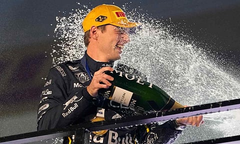 First place finisher Red Bull driver Max Verstappen of the Netherlands celebrates after the Formula One Las Vegas Grand Prix auto race, Saturday, Nov. 22, 2025 in Las Vegas (AP)&nbsp;
