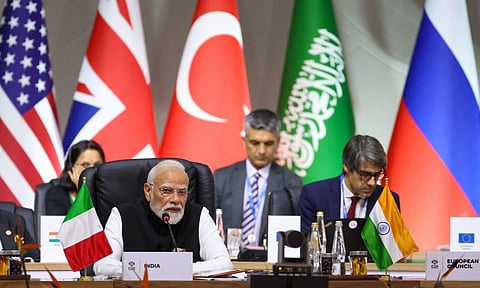 Prime Minister Narendra Modi addresses a session during the G20 Leaders' Summit, in Johannesburg, South Africa (PTI)&nbsp;