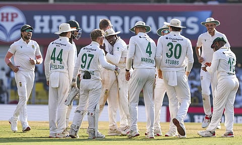 South Africa's players gesture at the end of play on the second day of the second Test cricket match between India and South Africa at the Barsapara Cricket Stadium in Guwahati, Monday, Nov. 24, 2025 (PTI)&nbsp;