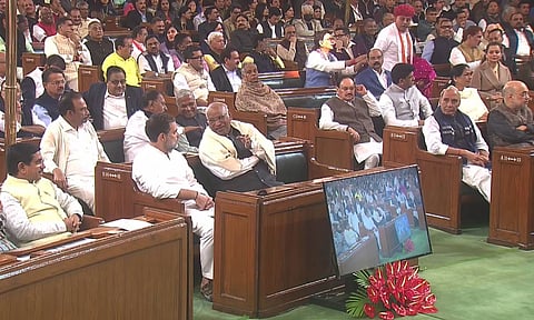 Congress President Mallikarjun Kharge with LoP in the Lok Sabha and party leader Rahul Gandhi and others during Constitution Day celebrations (PTI)