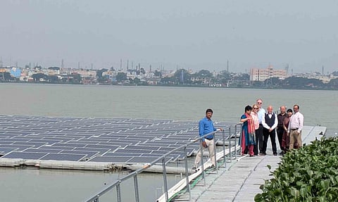 A floating solar power plant established at the Big Tank in Ukkadam&nbsp;