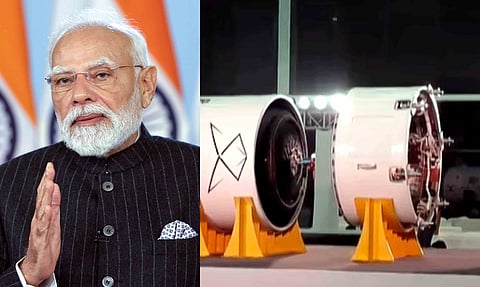 Prime Minister Narendra Modi during the virtual inauguration of Indian space startup Skyroot's Infinity Campus and unveiling of the company's first orbital rocket Vikram-I (PTI)&nbsp;
