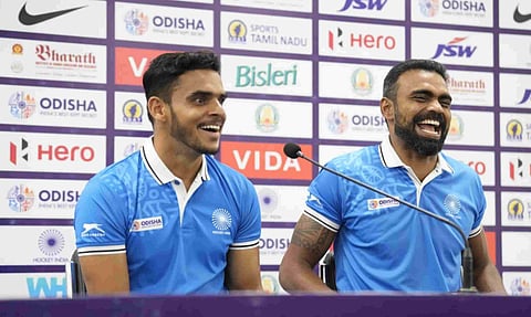 India captain Rohit and coach PR Sreejesh at the press meet&nbsp;
