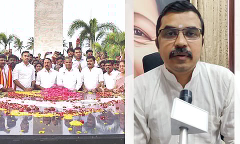 (L--R) KA Sengottaiyan and other TVK leaders paying tributes at Anna memorial on Thursday, Kovai Sathyan