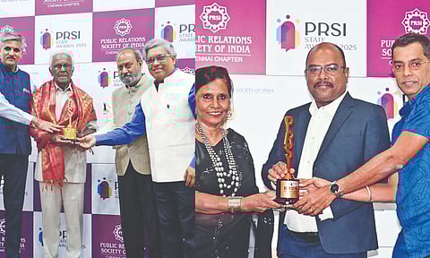 V Kalidoss, treasurer, PRSI, collecting lifetime achievement award (L); Karthikeyan, GM (Marketing),DAC Developers, receiving award for Women’s Day campaign, at the event on Friday (Photo/Justin George)