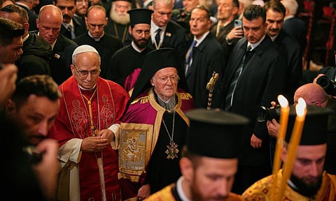 Pope Leo XIV and Ecumenical Patriarch Bartholomew I, the spiritual leader of the world's Eastern Orthodox Christians at the Patriarchal Church of Saint George, in Istanbul, Turkey, (Photo: AP)