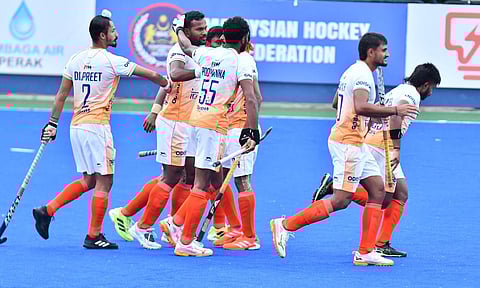 &nbsp;Indian players celebrate after scoring a goal
