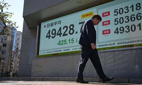 A person walks in front of an electronic stock board showing Japan's Nikkei index at a securities firm Monday, Dec. 1, 2025, in Tokyo (AP)&nbsp;