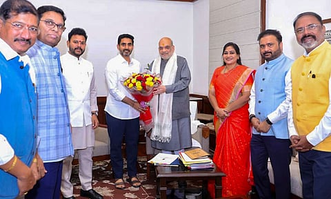 Union Home Minister Amit Shah with Andhra Pradesh minister Nara Lokesh during a meeting, in New Delhi (PTI)&nbsp;