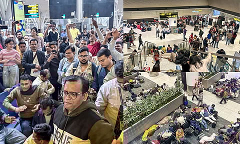 Stranded passengers at Indira Gandhi International Airport, in New Delhi, Friday, Dec. 5, 2025. Passengers were left stranded as IndiGo cancelled numerous flights while struggling to meet new crew rostering rules, a day after it scrapped several services and announced schedule adjustments. (PTI)&nbsp;