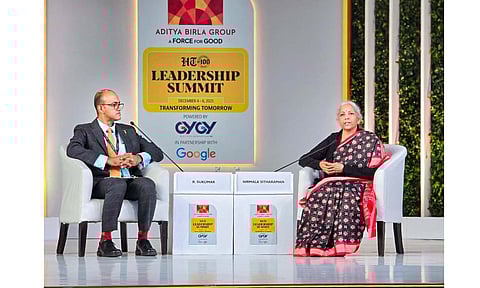 Union Finance Minister Nirmala Sitharaman with Hindustan Times Editor Sukumar Ranganathan during the 'HT Leadership Summit 202', in New Delhi (PTI)&nbsp;