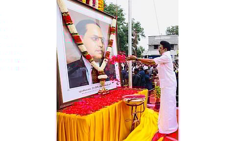 CM Stalin paying floral tributes to a portrait of Ambedkar (Photo: X/@mkstalin)