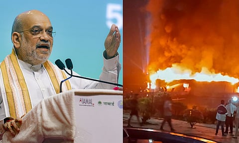 Smoke and flames billow after a fire broke out due to a cylinder blast at a nightclub, in North Goa, after midnight on Sunday, Dec. 7, 2025. At least 23 people were killed in the incident, according to officials. (PTI)&nbsp;