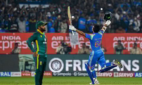 India's Yashasvi Jaiswal celebrates his century during the third ODI cricket match of a series between India and South Africa, at ACA-VDCA Cricket Stadium, in Visakhapatnam, Andhra Pradesh, Saturday, Dec. 6, 2025. (PTI)&nbsp;