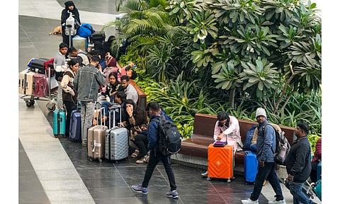 Passengers wait at Terminal 1 (T1) of the Indira Gandhi International Airport, in New Delhi, Saturday, Dec. 6, 2025 (PTI)&nbsp;