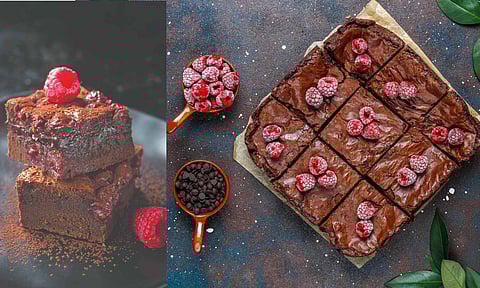 Brownie with raspberries cocoa powder
