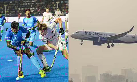 India's Bennur Sunil Palakshappa (17) and Germany's Hoffmann Lenn (5) vie for the ball during the semi-final match of the FIH Hockey Men's Junior World Cup 2025, at Mayor Radhakrishnan Hockey Stadium in Chennai/IndiGo flights (PTI)&nbsp;