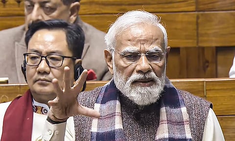 Prime Minister Narendra Modi speaks in the Lok Sabha during a discussion on the 150th anniversary of the national song 'Vande Mataram', at the Winter session of Parliament, in New Delhi, Monday, Dec. 8, 2025. (PTI)&nbsp;