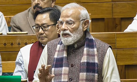 Prime Minister Narendra Modi speaks in the Lok Sabha during a discussion on the 150th anniversary of the national song 'Vande Mataram', at the Winter session of Parliament, in New Delhi, Monday, Dec. 8, 2025. (PTI)&nbsp;