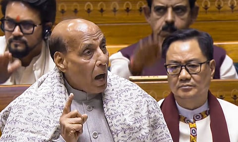 &nbsp;Union Defence Minister Rajnath Singh speaks in the Lok Sabha during the Winter session of Parliament, in New Delhi, Monday, Dec. 8, 2025. (PTI)